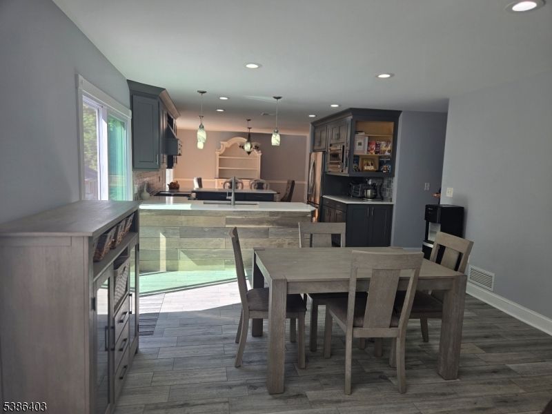 Dining room, Interior, Kitchen, Pendant Lights, Recessed Lighting, Wood Texture Flooring