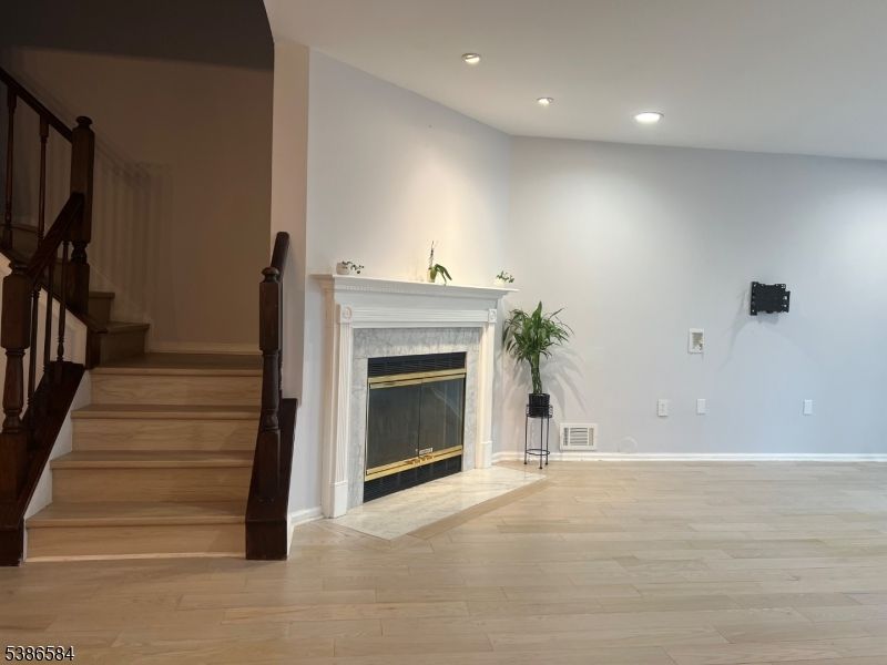 Fireplace, Interior, Recessed Lighting, Wood Texture Flooring