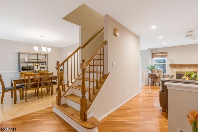 Chandelier, Dining room, Fireplace, Interior, Recessed Lighting, Wood Texture Flooring