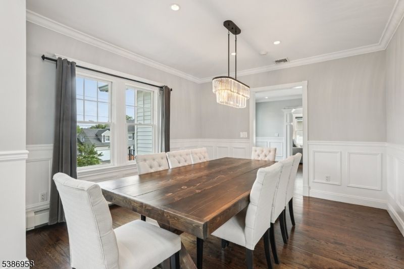 Dining room, Interior, Pendant Lights, Recessed Lighting, Wood Texture Flooring