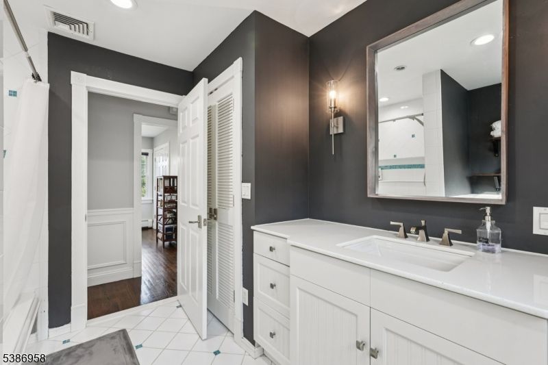 Bathroom, Interior, Marble, Recessed Lighting, Wood Texture Flooring