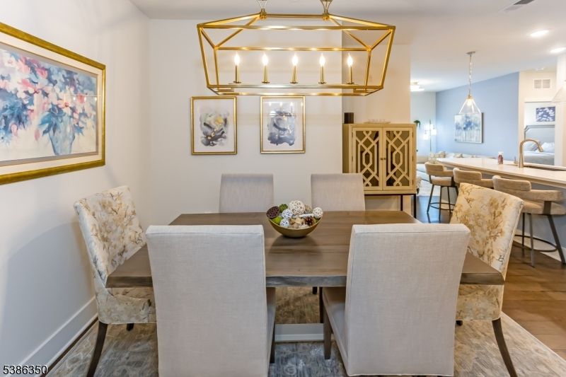 Dining room, Interior, Pendant Lights, Recessed Lighting, Wood Texture Flooring