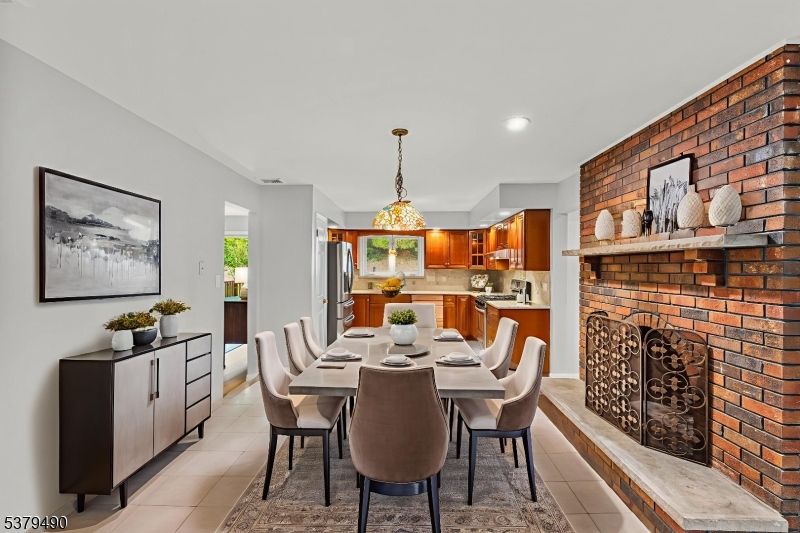 Dining room, Fireplace, Interior, Kitchen, Pendant Lights, Recessed Lighting, Stone Walls