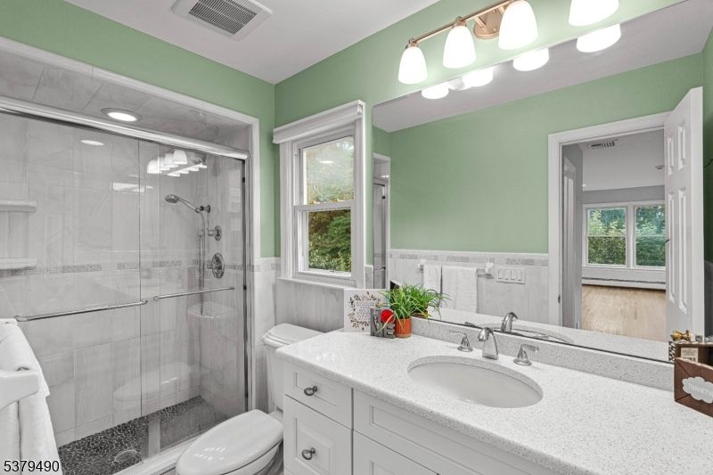 Bathroom, Glass Shower, Interior, Recessed Lighting, Wood Texture Flooring