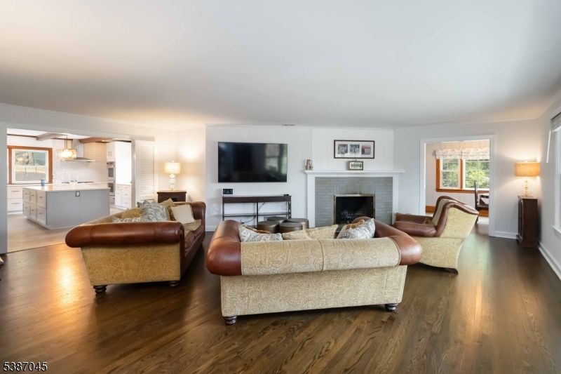 Fireplace, Interior, Kitchen, Living room, Pendant Lights, Wood Texture Flooring