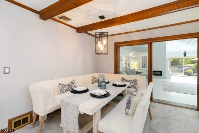 Dining room, Interior, Pendant Lights, Wooden Beams