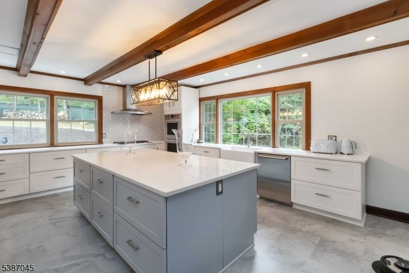 Interior, Kitchen, Marble, Pendant Lights, Recessed Lighting, Stainless Steel Appliances, Wooden Beams