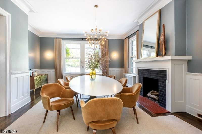Dining room, Fireplace, Interior, Pendant Lights, Wood Texture Flooring