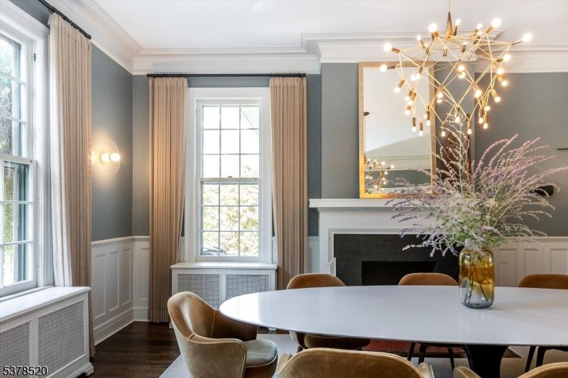 Dining room, Fireplace, Interior, Pendant Lights, Wood Texture Flooring