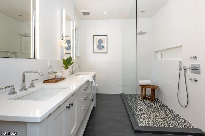 Bathroom, Dual Sink Vanities, Glass Shower, Interior, Recessed Lighting