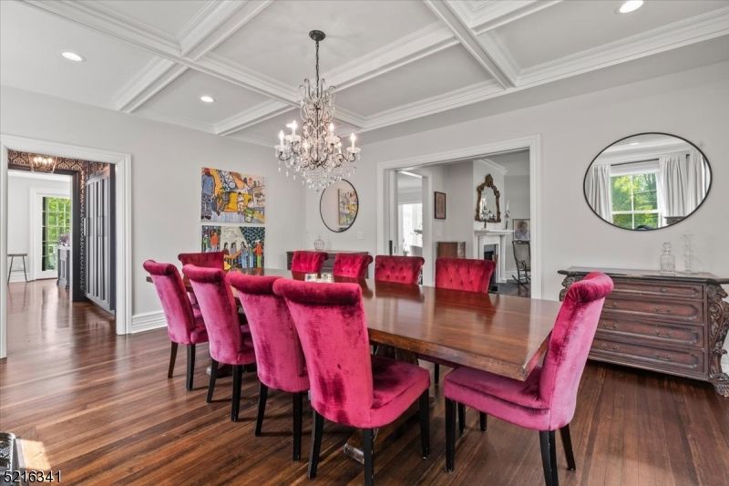 Chandelier, Dining room, Fireplace, Interior, Recessed Lighting, Wood Texture Flooring