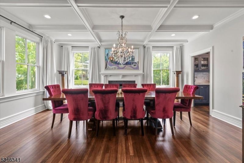 Chandelier, Dining room, Fireplace, Interior, Recessed Lighting, Wood Texture Flooring