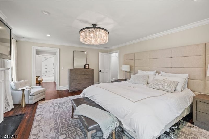 Bedroom, Chandelier, Interior, Recessed Lighting, Wood Texture Flooring