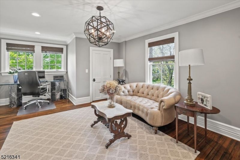 Chandelier, Home Office, Interior, Recessed Lighting, Wood Texture Flooring