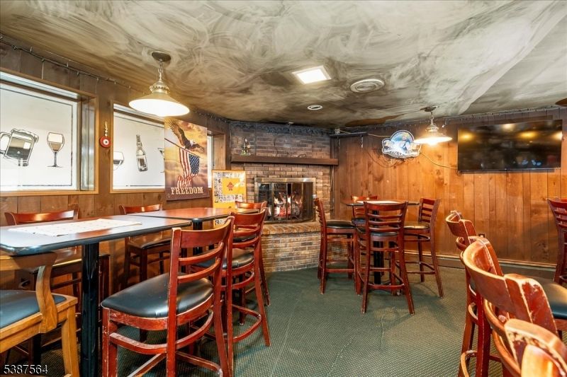 Dining room, Fireplace, Interior, Recessed Lighting, Wooden Walls