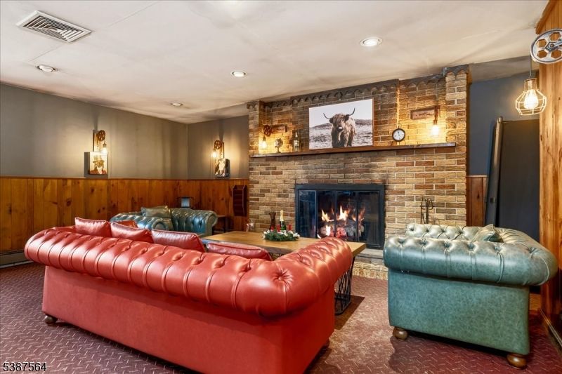 Fireplace, Interior, Living room, Pendant Lights, Recessed Lighting, Stone Walls