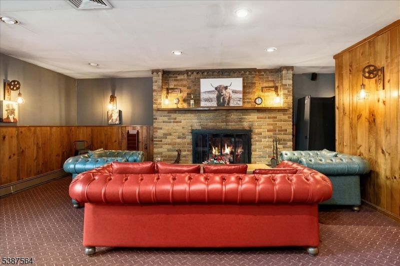 Fireplace, Interior, Recessed Lighting, Stone Walls, Wooden Walls