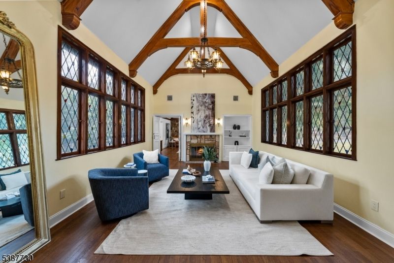 Chandelier, Fireplace, Interior, Living room, Wooden Beams, Wood Texture Flooring