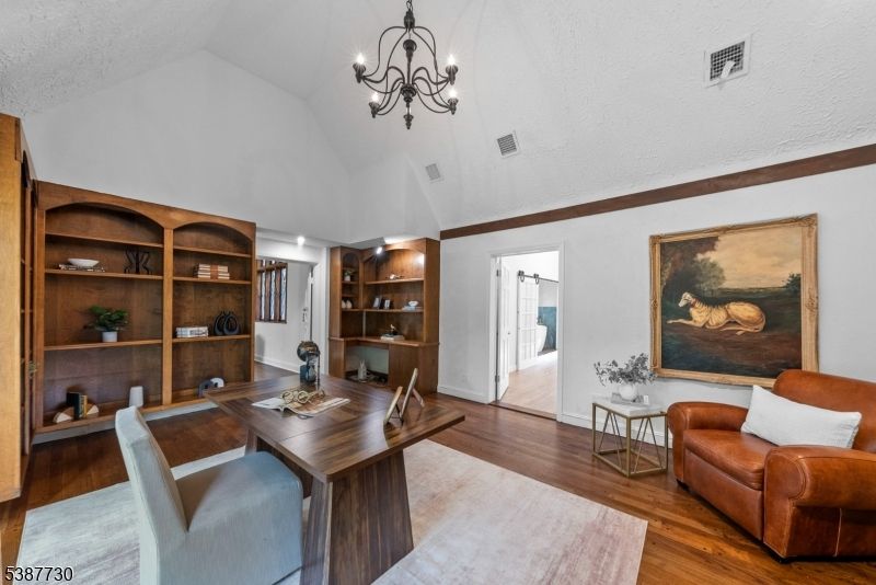 Chandelier, Home Office, Interior, Wood Texture Flooring