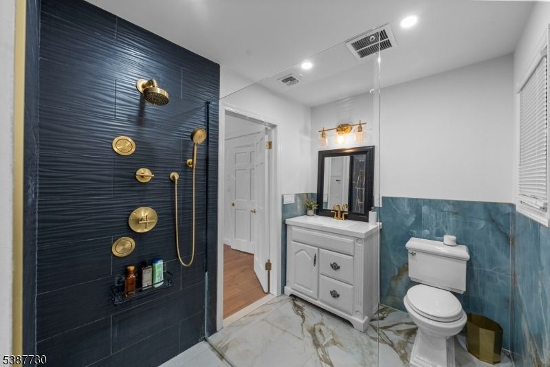 Bathroom, Interior, Marble, Recessed Lighting, Wood Texture Flooring