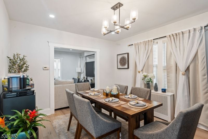 Chandelier, Dining room, Interior, Recessed Lighting, Wood Texture Flooring