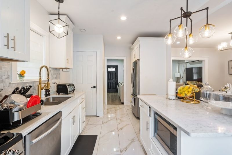 Interior, Kitchen, Marble, Pendant Lights, Recessed Lighting, Stainless Steel Appliances