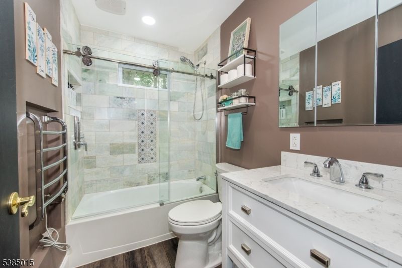 Bathroom, Glass Shower, Interior, Recessed Lighting, Wood Texture Flooring