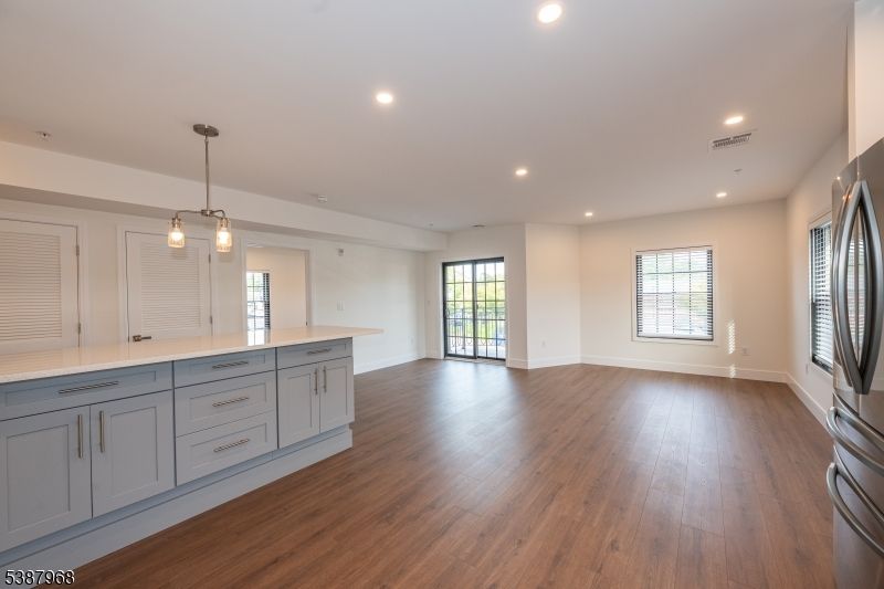 Empty room, Interior, Kitchen, Pendant Lights, Recessed Lighting, Wood Texture Flooring