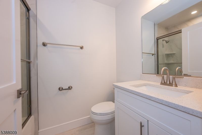Bathroom, Glass Shower, Interior, Recessed Lighting, Wood Texture Flooring
