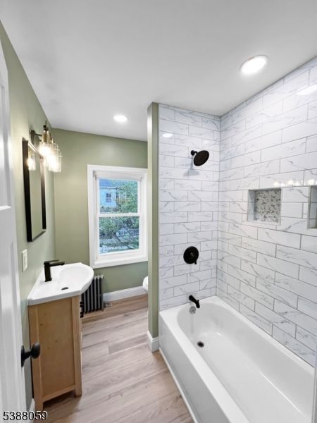 Bathroom, Interior, Marble Walls, Recessed Lighting, Wood Texture Flooring