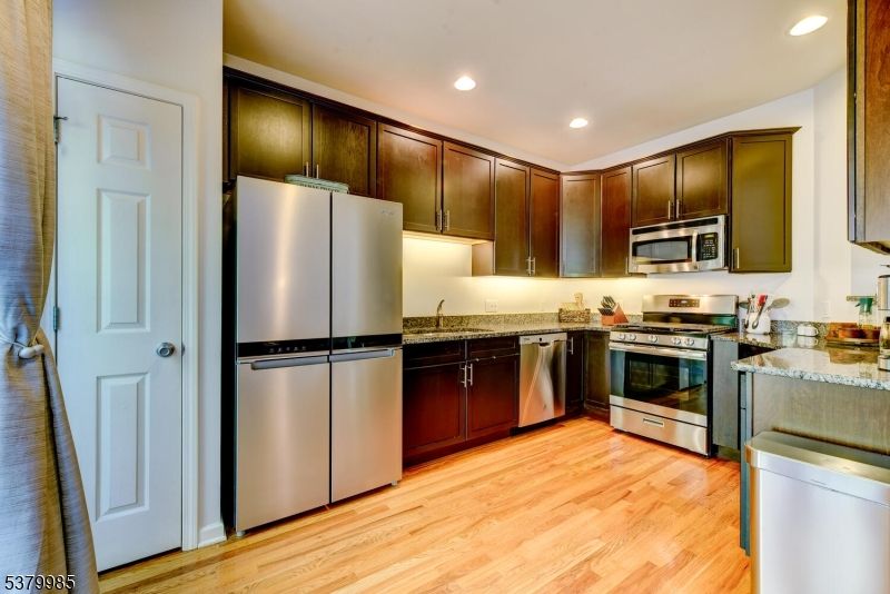 Interior, Kitchen, Recessed Lighting, Stainless Steel Appliances, Wood Texture Flooring