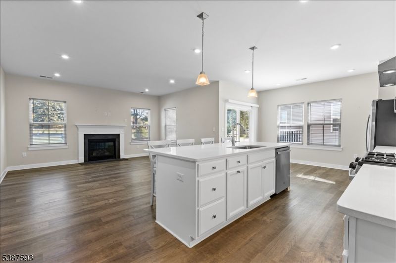 Fireplace, Interior, Kitchen, Pendant Lights, Recessed Lighting, Wood Texture Flooring