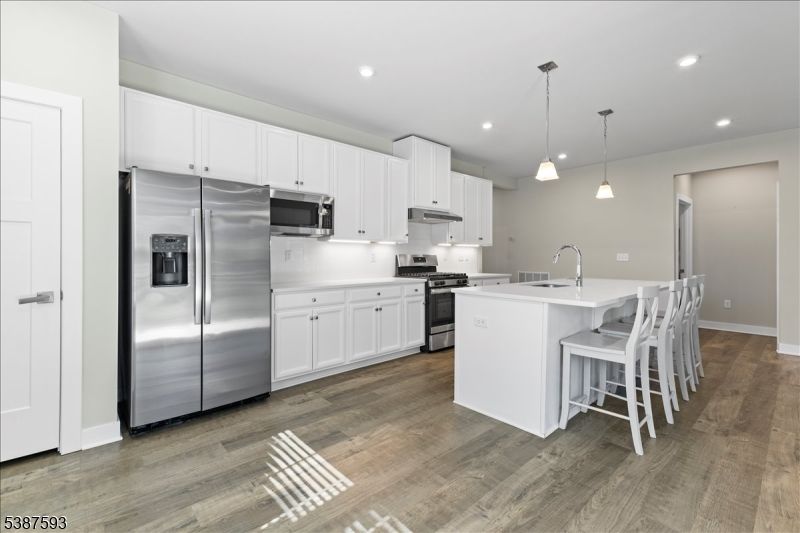 Interior, Kitchen, Pendant Lights, Recessed Lighting, Stainless Steel Appliances, Wood Texture Flooring