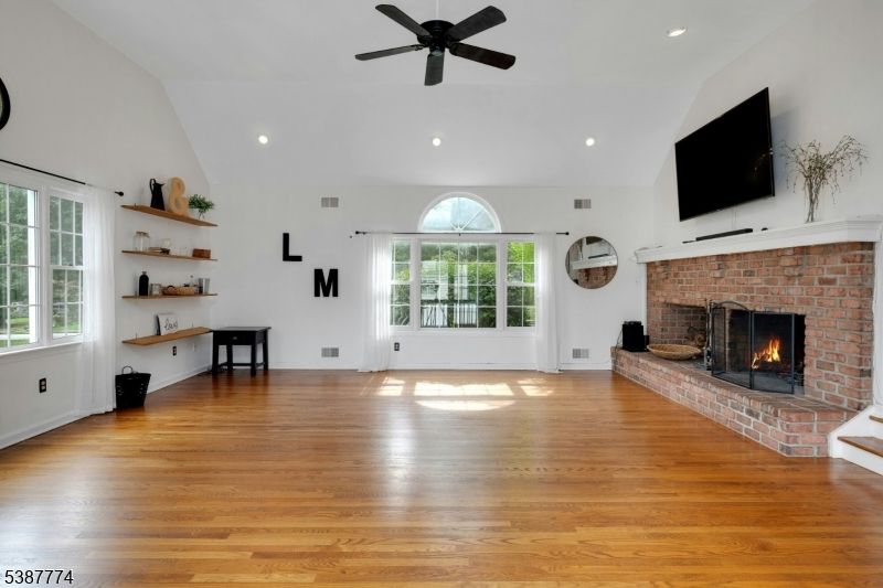 Empty room, Fireplace, Interior, Recessed Lighting, Wood Texture Flooring