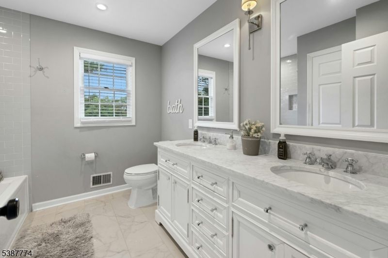 Bathroom, Dual Sink Vanities, Interior, Marble, Recessed Lighting