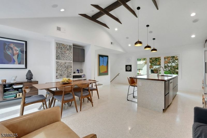 Dining room, Interior, Living room, Pendant Lights, Recessed Lighting, Wooden Beams