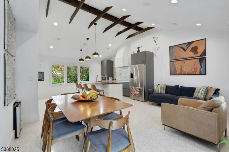 Dining room, Interior, Kitchen, Living room, Pendant Lights, Recessed Lighting, Stainless Steel Appliances, Wooden Beams