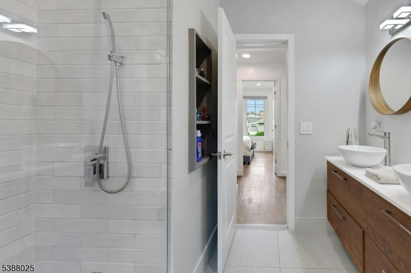 Bathroom, Dual Sink Vanities, Interior, Recessed Lighting, Wood Texture Flooring
