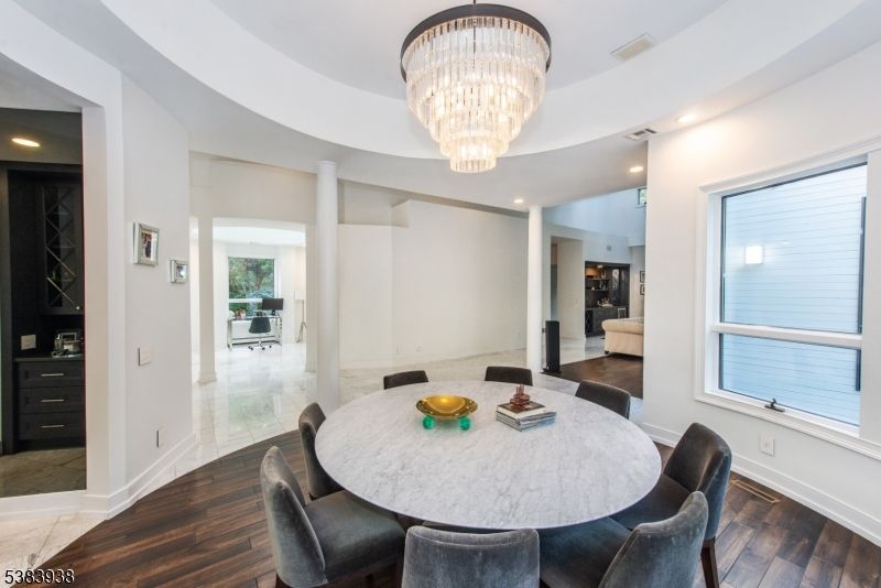 Chandelier, Dining room, Interior, Recessed Lighting, Wood Texture Flooring