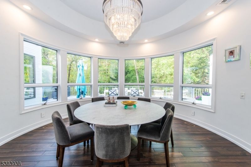 Chandelier, Dining room, Interior, Recessed Lighting, Wood Texture Flooring