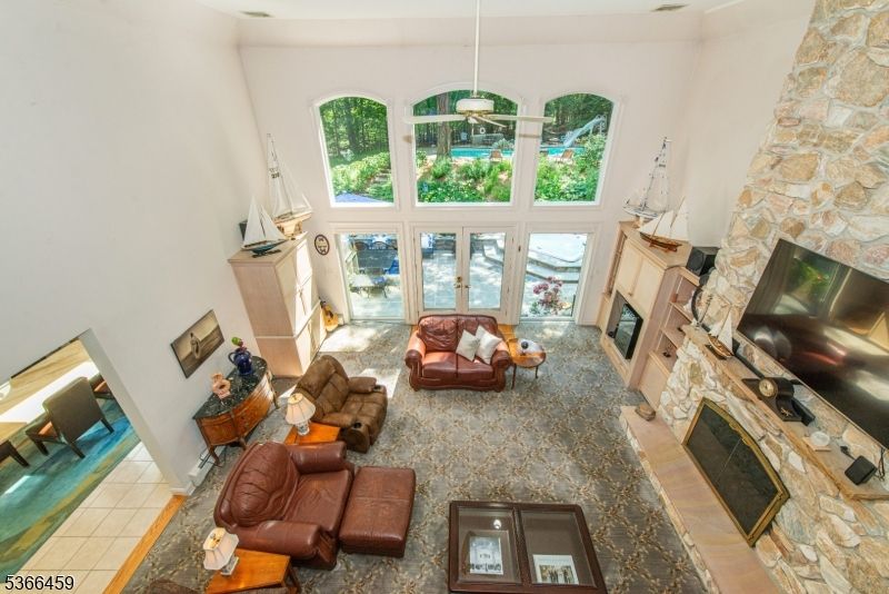 Fireplace, Interior, Living room, Pendant Lights, Stone Walls