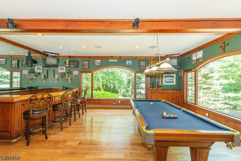 Billiard Table, Game Room, Interior, Pendant Lights, Recessed Lighting, Wood Texture Flooring