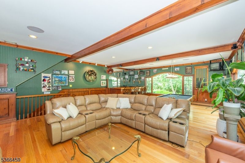 Billiard Table, Game Room, Interior, Living room, Pendant Lights, Recessed Lighting, Wooden Beams, Wood Texture Flooring