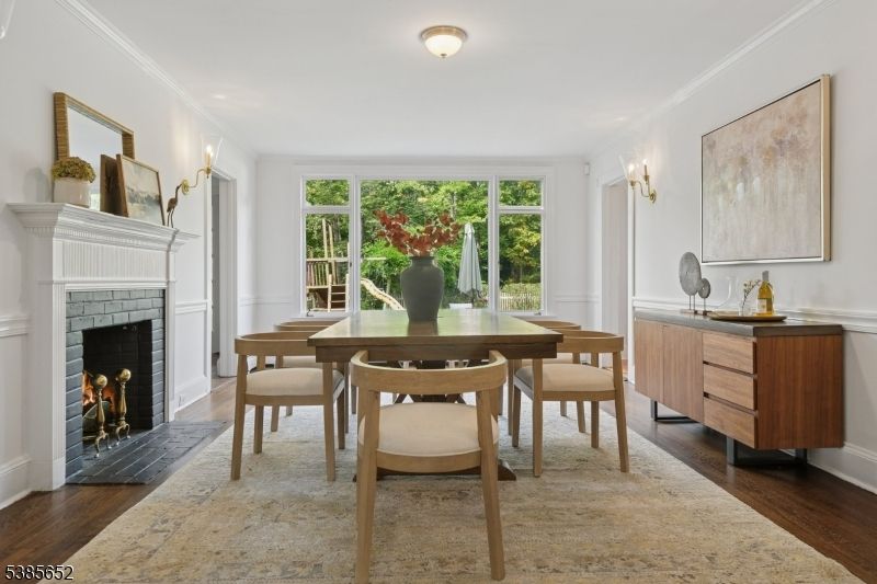 Dining room, Fireplace, Interior, Wood Texture Flooring