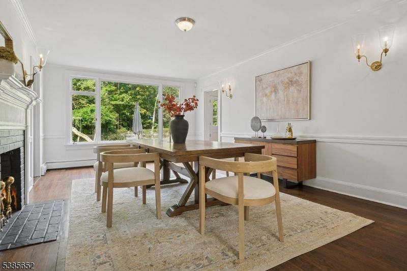 Dining room, Fireplace, Interior, Wood Texture Flooring