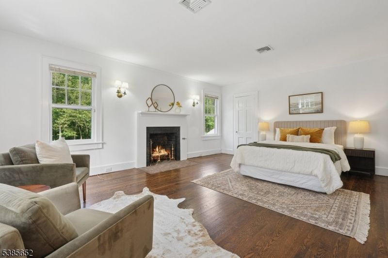 Bedroom, Fireplace, Interior, Wood Texture Flooring