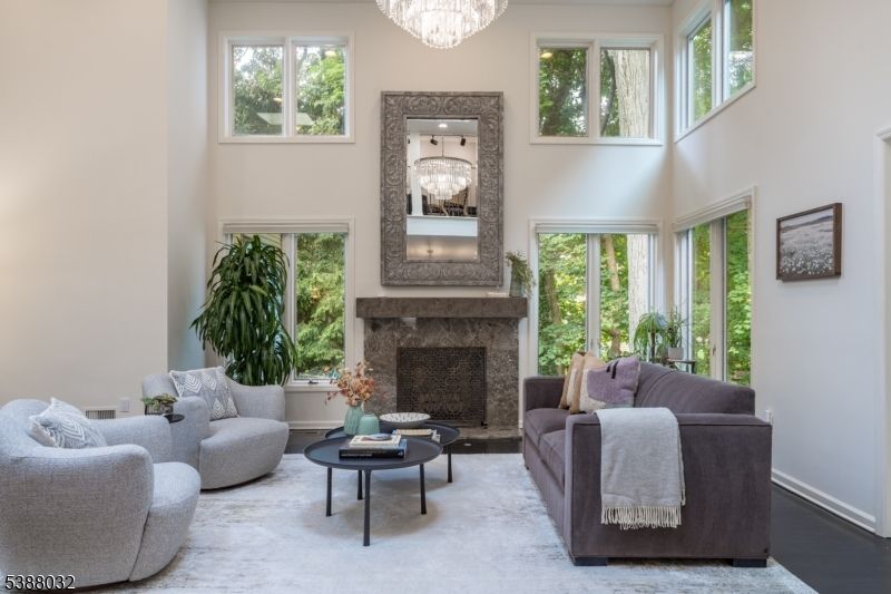 Chandelier, Fireplace, Interior, Living room