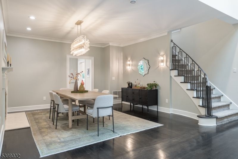 Chandelier, Dining room, Interior, Recessed Lighting, Wood Texture Flooring