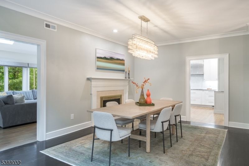 Chandelier, Dining room, Fireplace, Interior, Recessed Lighting, Wood Texture Flooring