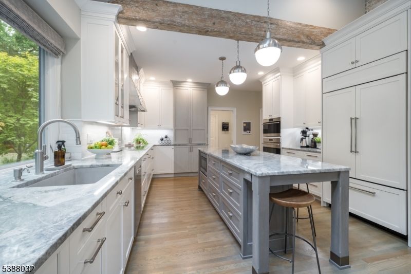 Interior, Kitchen, Pendant Lights, Recessed Lighting, Stainless Steel Appliances, Wooden Beams, Wood Texture Flooring